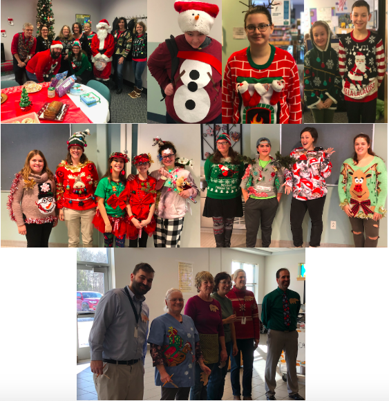Photos: Top row- Teachers with “Santa,” 7th grader Brayden Crossen, 6th grader Joe Couture as a snowman, 8th grader Hannah McAdams, and 7th graders Carolyne & Mitchell Maceda Second row- Lunch A winners: Olivia Toye, Mrs. Frohmberg, Hali Isaacson & Alex Stewart and Ms. Jones. Lunch B winners: Mrs. Lord, Rocco Scott, Mrs. Davis and Lillian Toye Bottom row- our judges! 