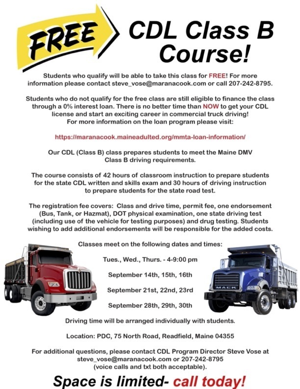 FREE CDL Class B Class | Maranacook Area Schools/RSU #38