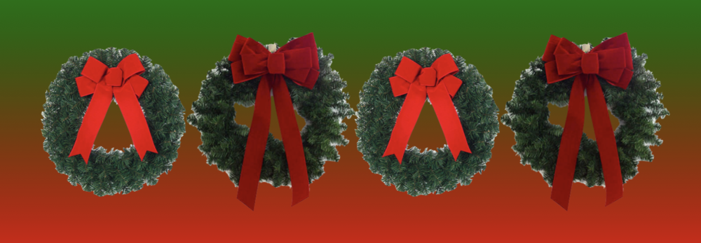 4 green wreaths with red bows