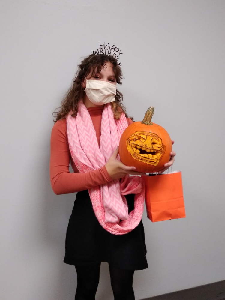 Josie C with prize winning carved pumpkin