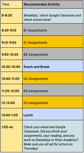 Wednesday Remote Learning Schedule