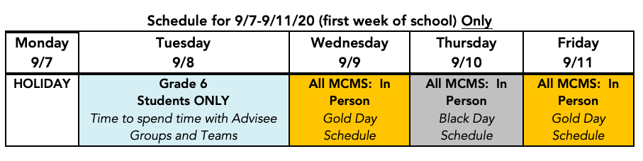 First Week of School Schedule for MCMS